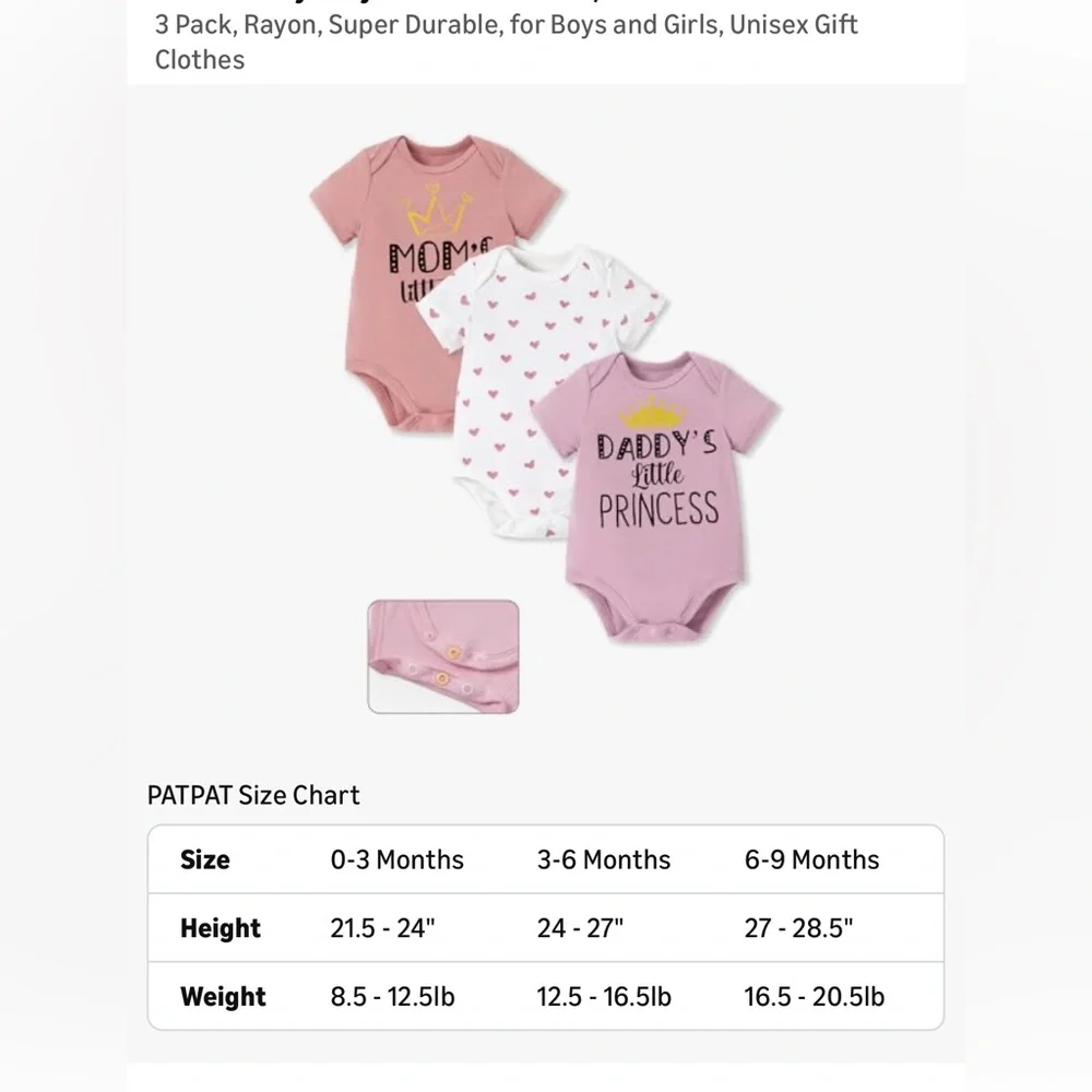 🛼PatPat Pink and White Princess Bodysuit 3 pack  NWT size 0-3 months